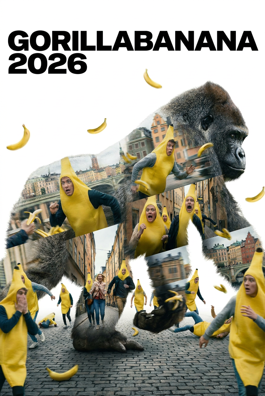 Gorillabanana 2026 — a gorilla chasing people in banana suits through Gamla Stan